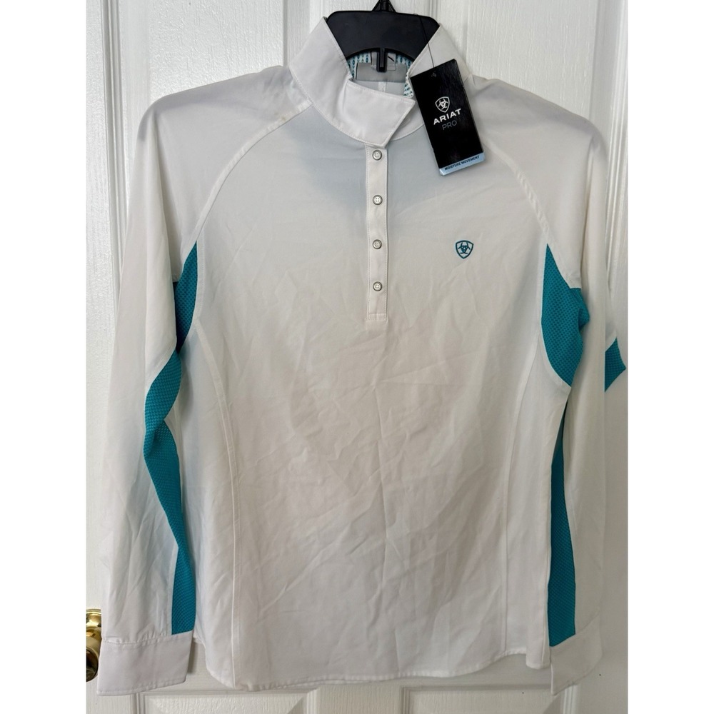 Ariat Pro Series Aero Show Shirt 1/4 Button Up White/Bluebird Woman's Large‎ New
